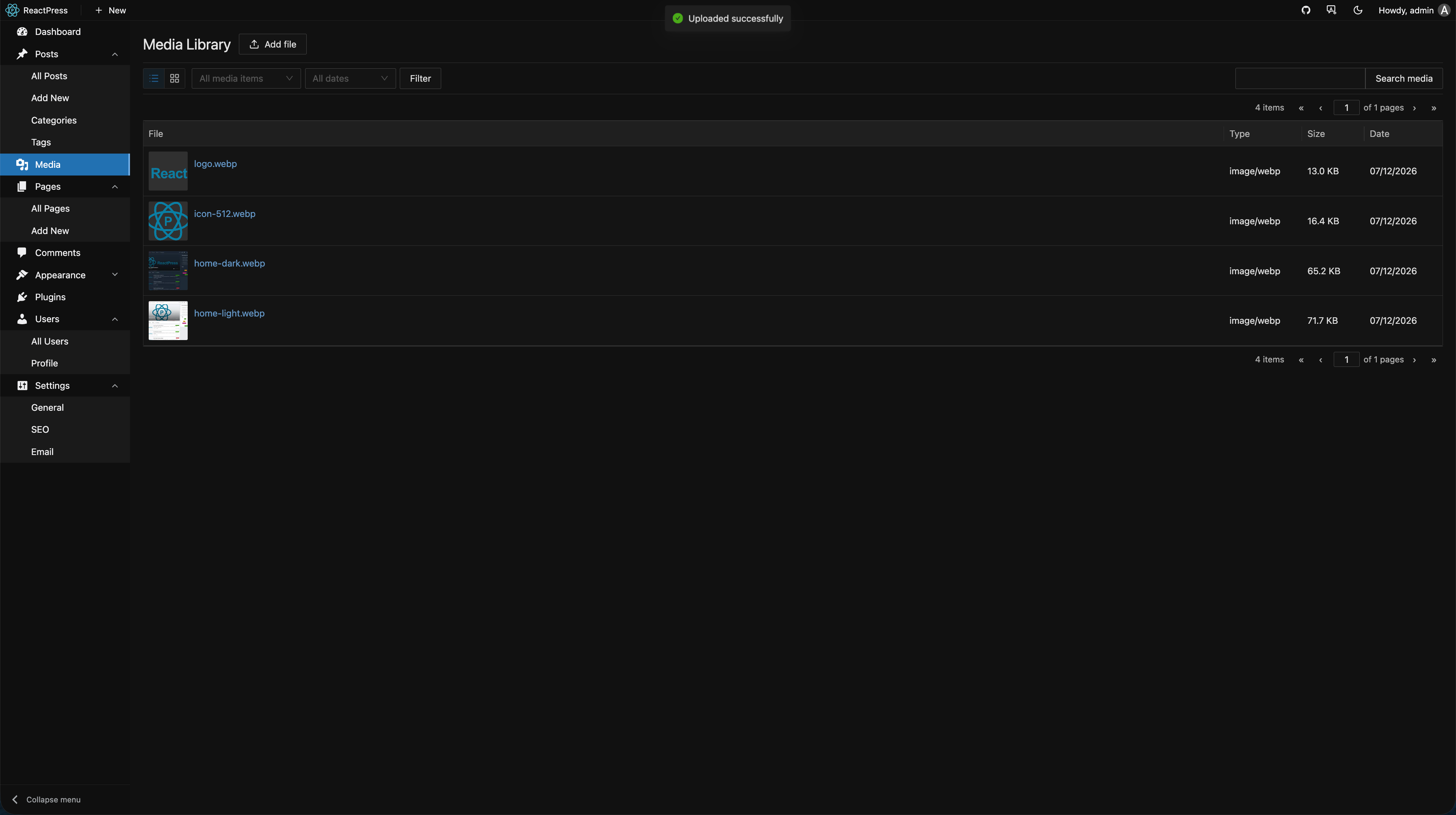 ReactPress Admin — media library